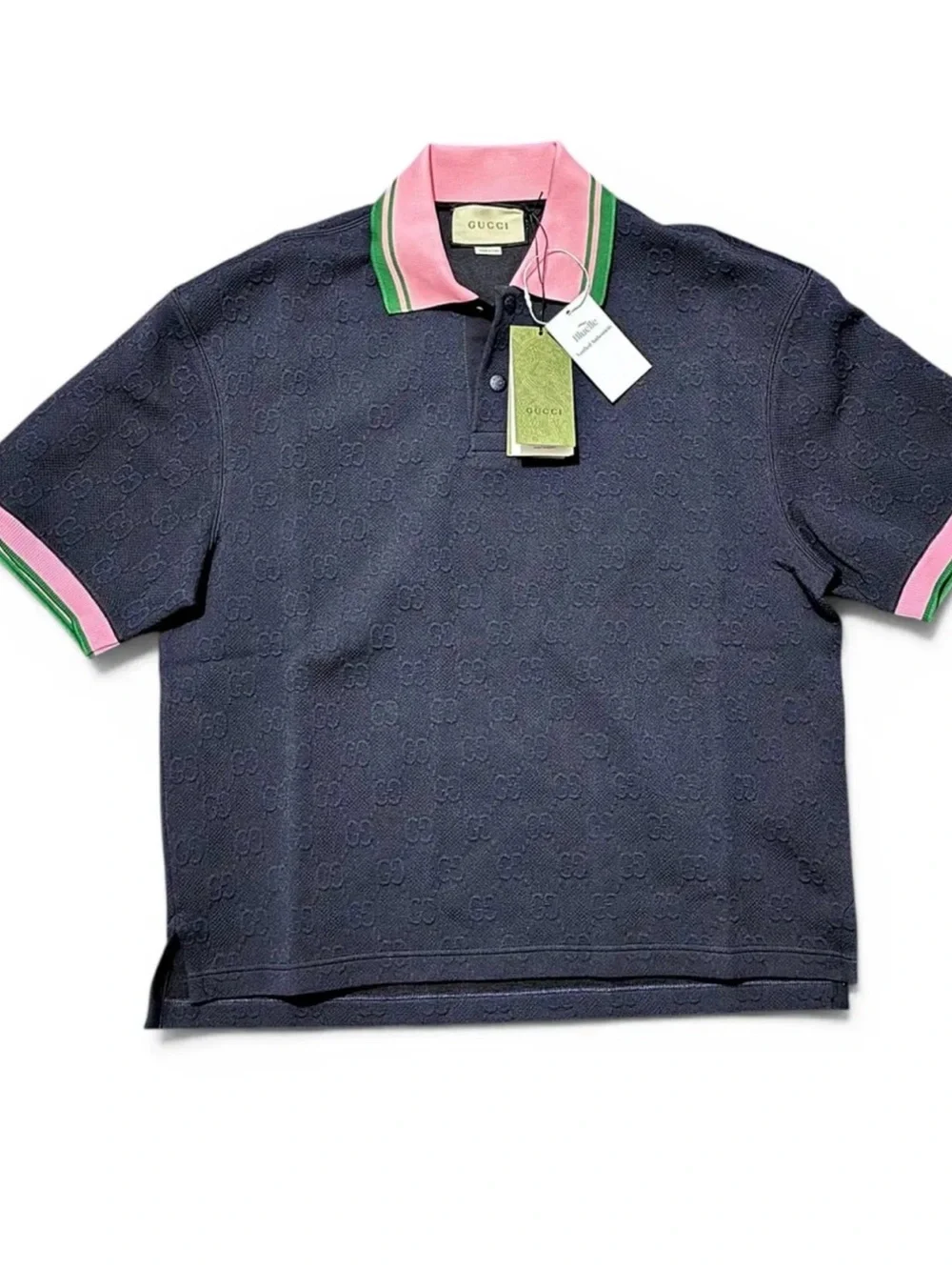 Gucci Navy Polo with Pink Collar and Green Trim
